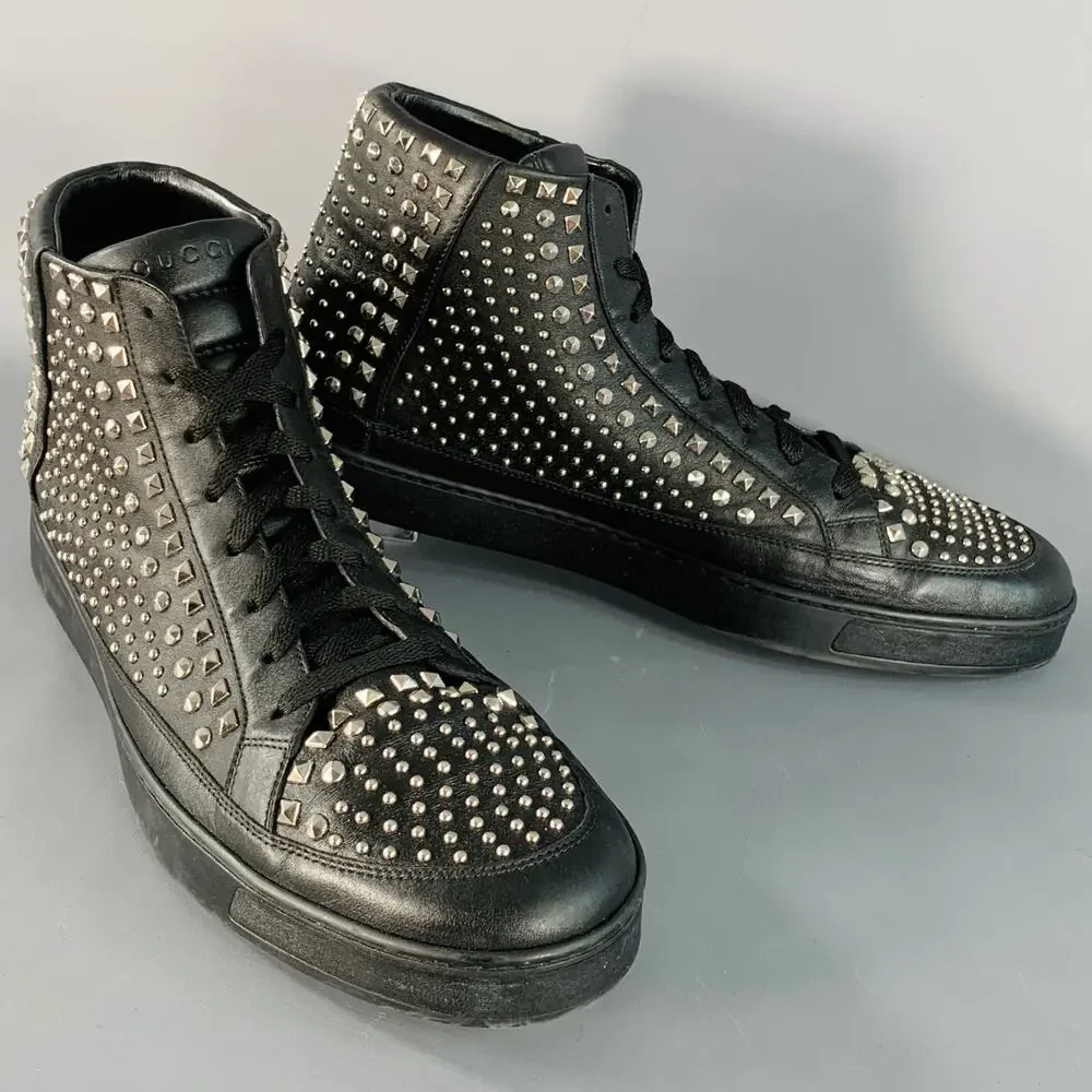 GUCCI Limited Edition Size 14 Black Silver Studded Leather High Top Sneakers